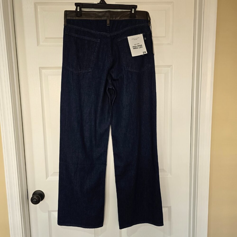 Rag & Bone Lori Mid-Rise Wide Leg Jeans Dark Rinse Faux Leather Trim Size 29 NWT - Picture 6 of 9